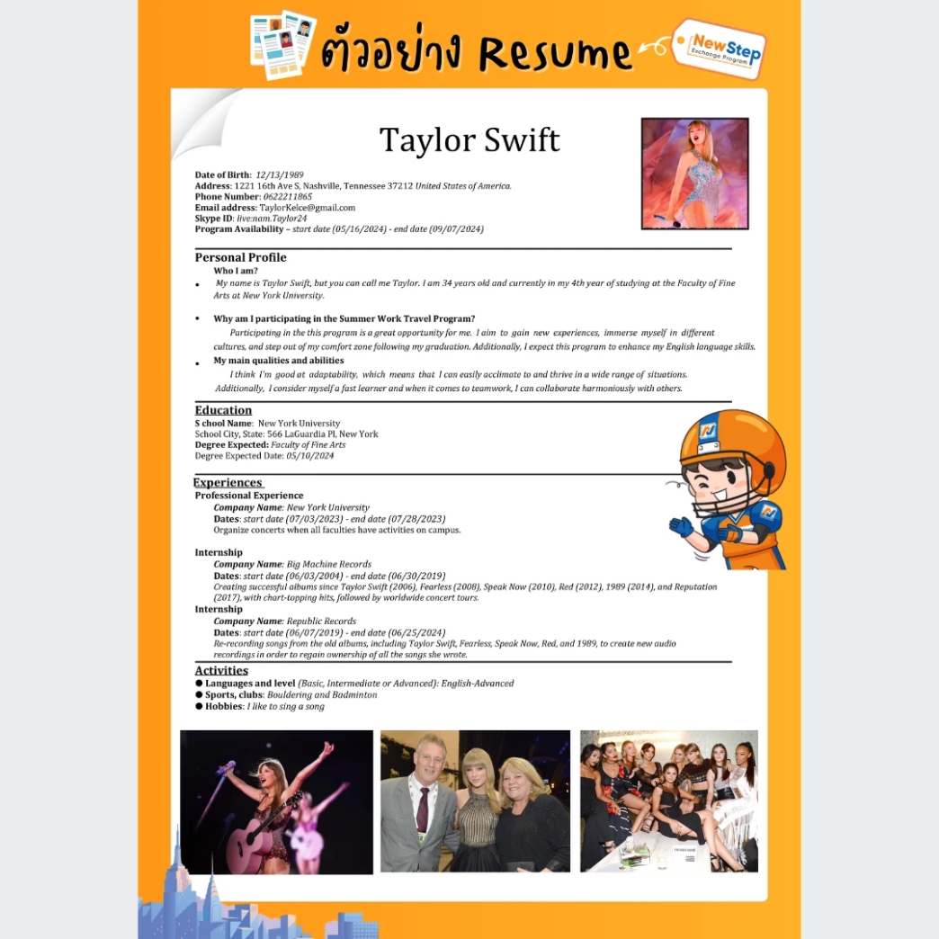 ตัวอย่าง Resume ภาษาอังกฤษสำหรับสมัคร Work and Travel usa new step newstep