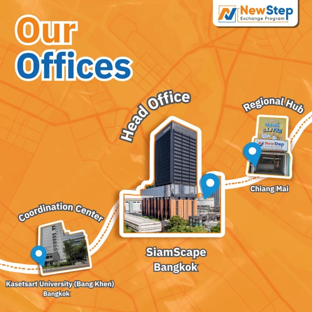 Our offices at SiamScape building in Bangkok Thailand, Chiang Mai province, and Kasetsart University | New Step